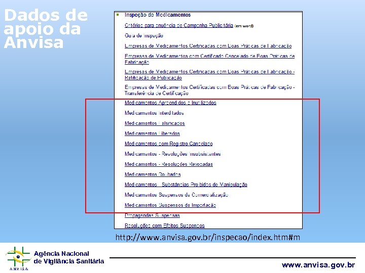Dados de apoio da Anvisa http: //www. anvisa. gov. br/inspecao/index. htm#m Agência Nacional de