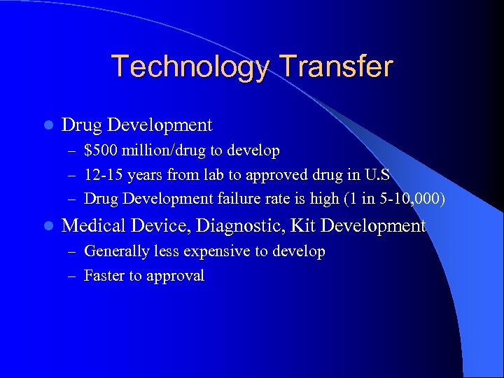 Technology Transfer l Drug Development – $500 million/drug to develop – 12 -15 years