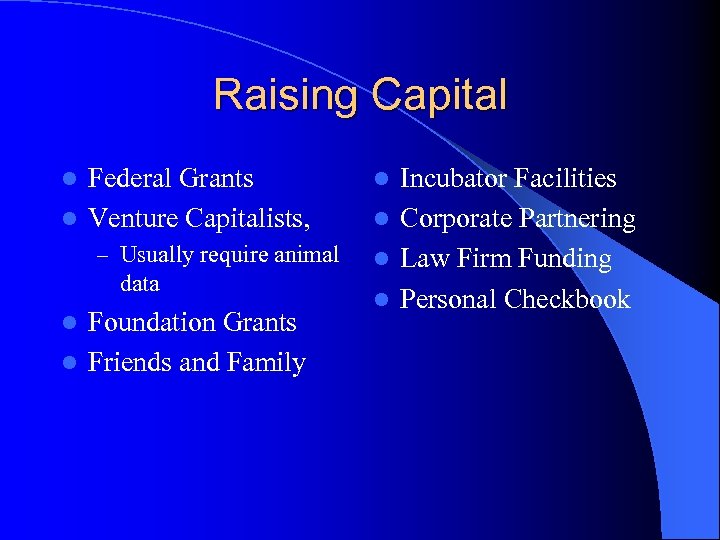 Raising Capital Federal Grants l Venture Capitalists, Incubator Facilities l Corporate Partnering – Usually