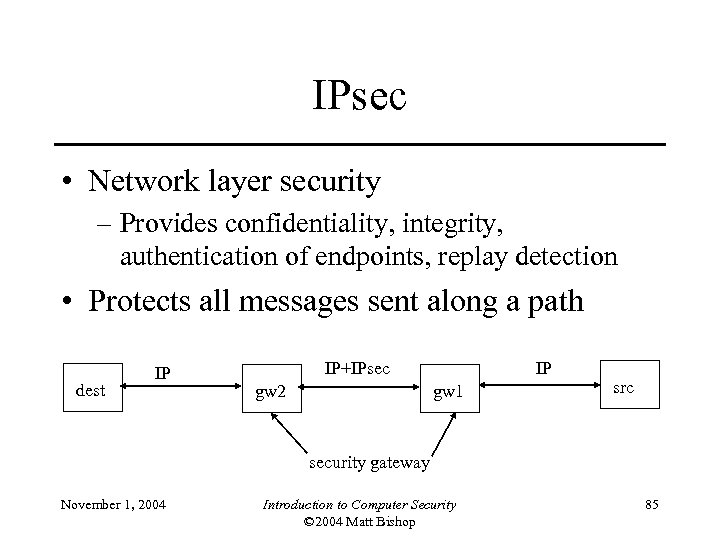 IPsec • Network layer security – Provides confidentiality, integrity, authentication of endpoints, replay detection