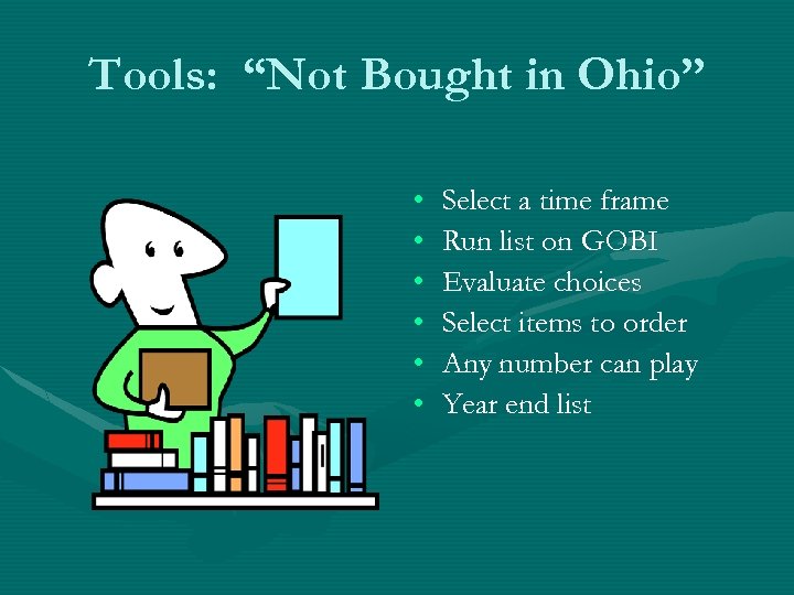 Tools: “Not Bought in Ohio” • • • Select a time frame Run list