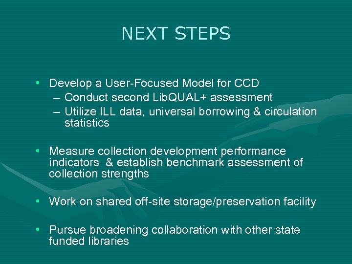 NEXT STEPS • Develop a User-Focused Model for CCD – Conduct second Lib. QUAL+