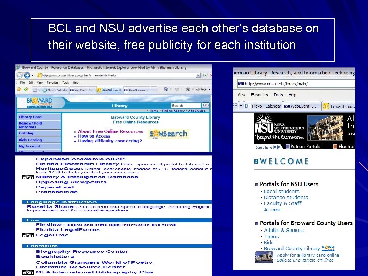  BCL and NSU advertise each other’s database on their website, free publicity for