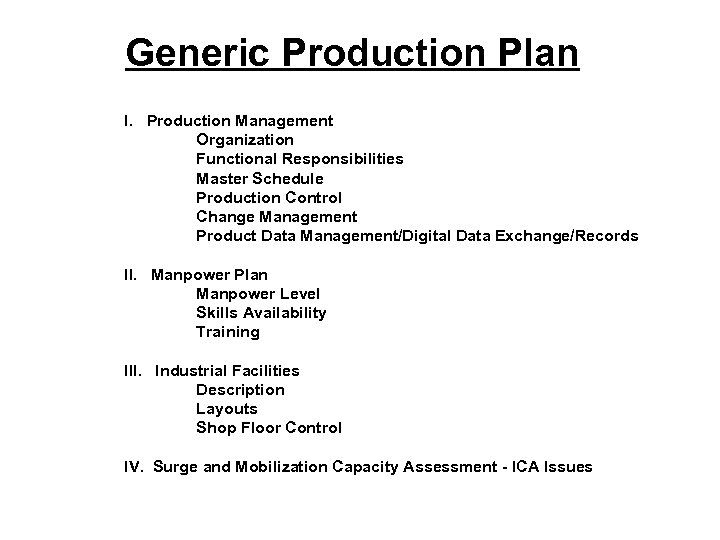 Generic Production Plan I. Production Management Organization Functional Responsibilities Master Schedule Production Control Change