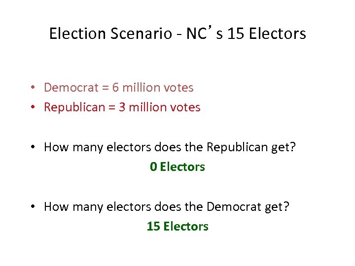 Election Scenario - NC’s 15 Electors • Democrat = 6 million votes • Republican