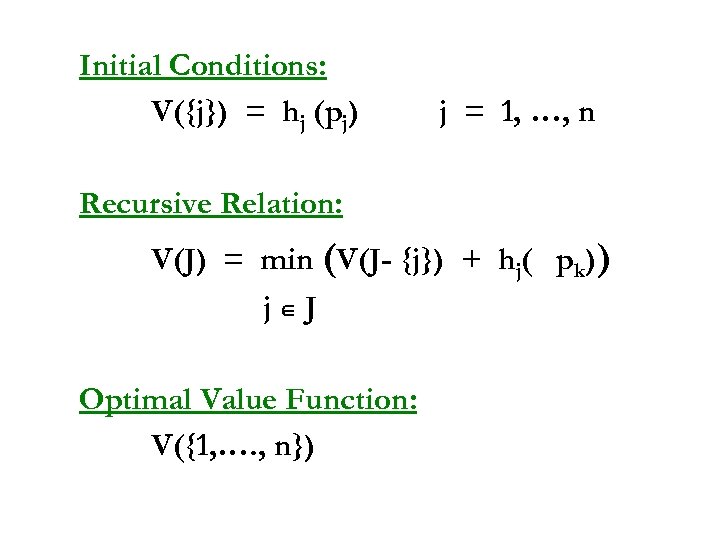Initial Conditions: V({j}) = hj (pj) j = 1, …, n Recursive Relation: V(J)