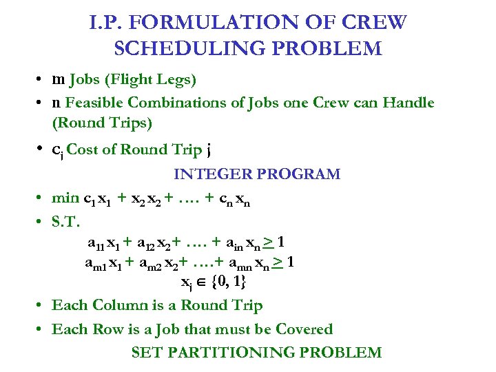 I. P. FORMULATION OF CREW SCHEDULING PROBLEM • m Jobs (Flight Legs) • n