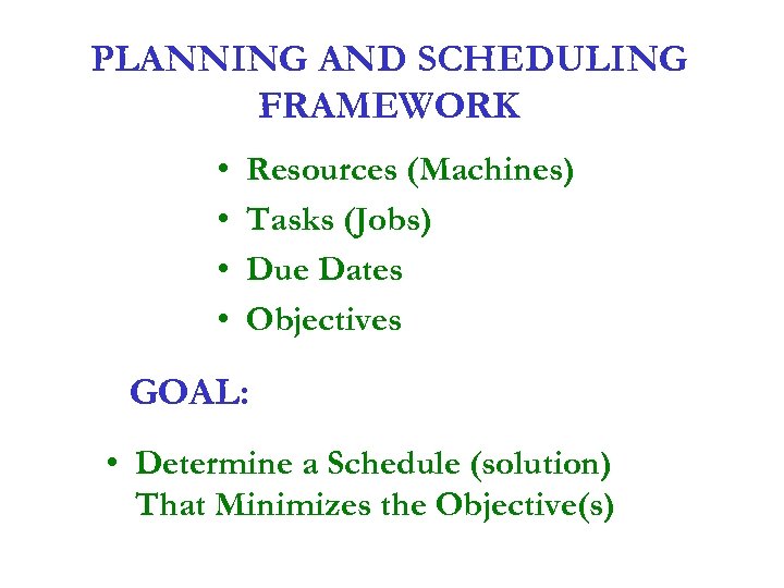PLANNING AND SCHEDULING FRAMEWORK • • Resources (Machines) Tasks (Jobs) Due Dates Objectives GOAL: