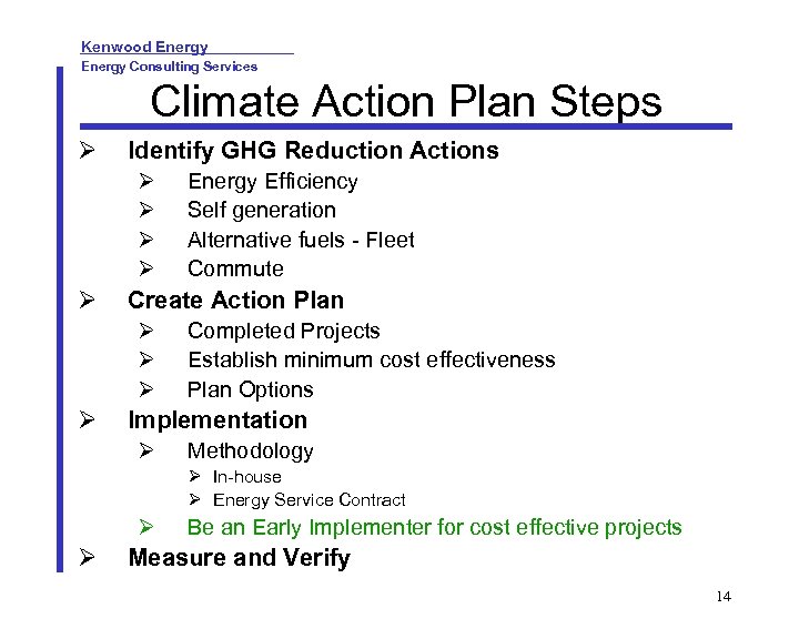 Kenwood Energy Consulting Services Climate Action Plan Steps Identify GHG Reduction Actions Create Action