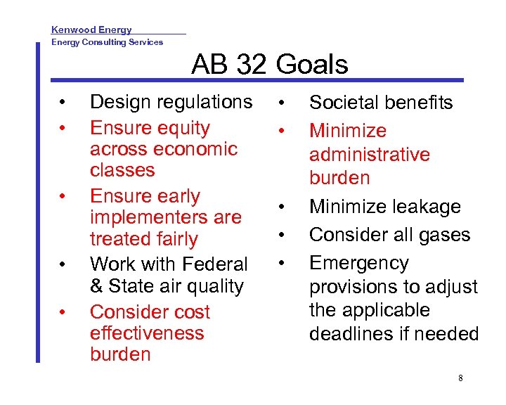 Kenwood Energy Consulting Services AB 32 Goals • • • Design regulations Ensure equity