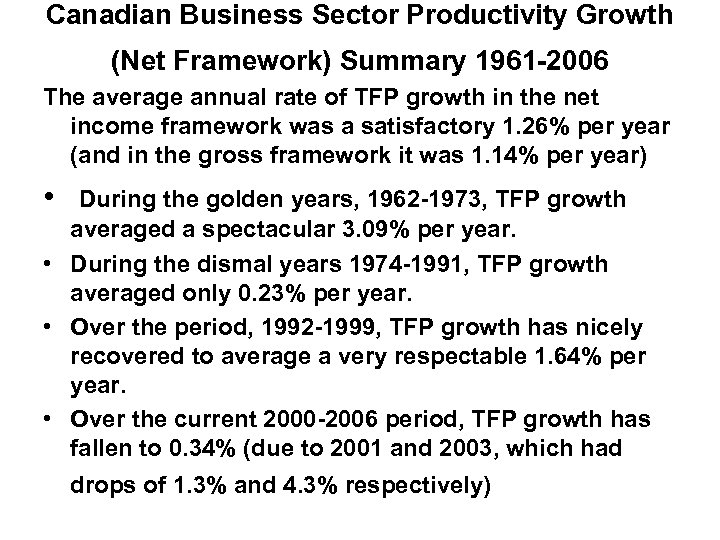 Canadian Business Sector Productivity Growth (Net Framework) Summary 1961 -2006 The average annual rate
