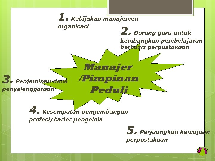 1. Kebijakan manajemen organisasi 2. Dorong guru untuk kembangkan pembelajaran berbasis perpustakaan 3. Penjaminan