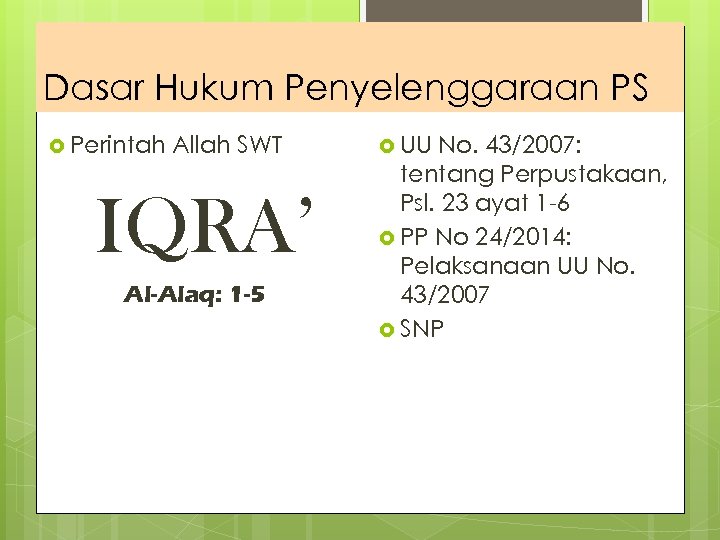 Dasar Hukum Penyelenggaraan PS Perintah Allah SWT IQRA’ Al-Alaq: 1 -5 UU No. 43/2007: