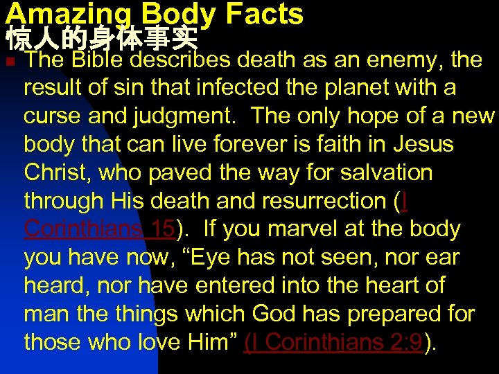 Amazing Body Facts 惊人的身体事实 n The Bible describes death as an enemy, the result