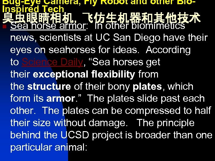 Bug-Eye Camera, Fly Robot and other Bio. Inspired Tech 臭虫眼睛相机，飞仿生机器和其他技术 n Sea horse armor: