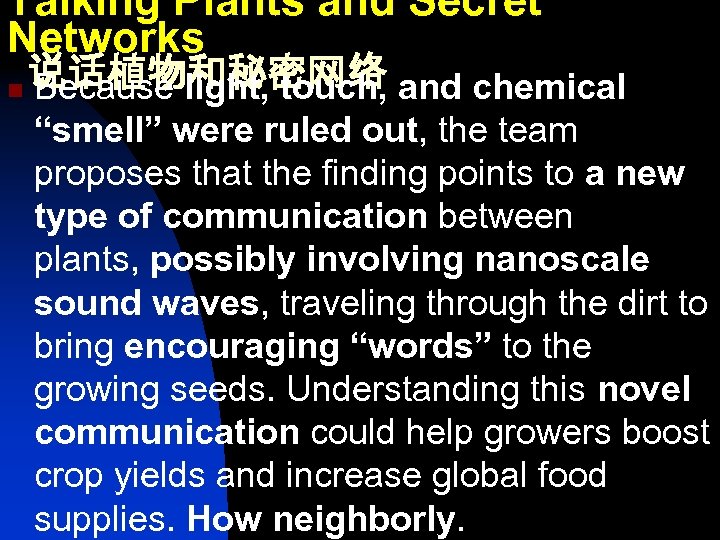 Talking Plants and Secret Networks n 说话植物和秘密网络 Because light, touch, and chemical “smell” were