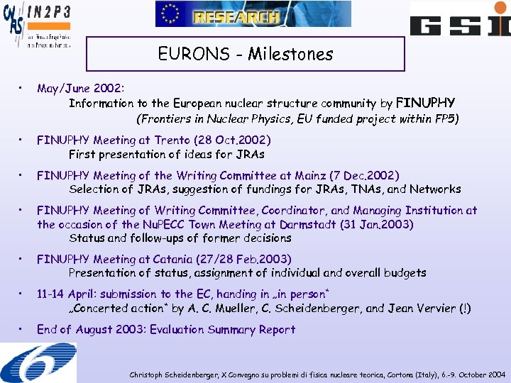 EURONS - Milestones • May/June 2002: Information to the European nuclear structure community by