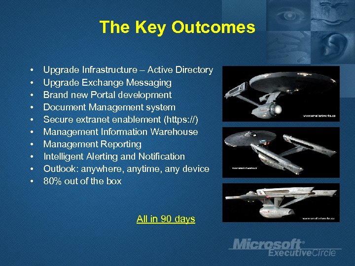The Key Outcomes • • • Upgrade Infrastructure – Active Directory Upgrade Exchange Messaging