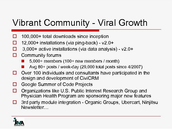 Vibrant Community - Viral Growth o 100, 000+ total downloads sinception o 12, 000+
