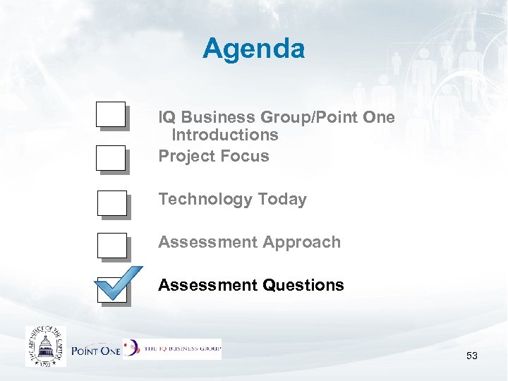 Agenda IQ Business Group/Point One Introductions Project Focus Technology Today Assessment Approach Assessment Questions