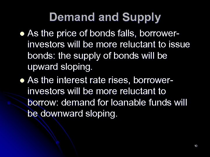 Demand Supply As the price of bonds falls, borrowerinvestors will be more reluctant to