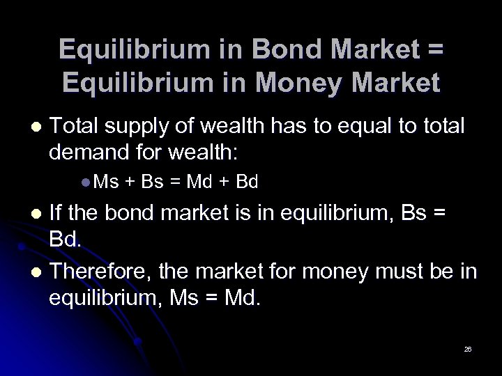 Equilibrium in Bond Market = Equilibrium in Money Market l Total supply of wealth