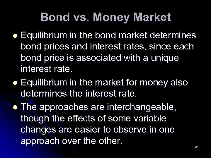 Bond vs. Money Market Equilibrium in the bond market determines bond prices and interest