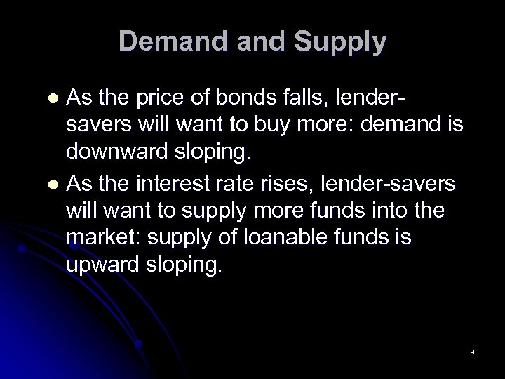 Demand Supply As the price of bonds falls, lendersavers will want to buy more: