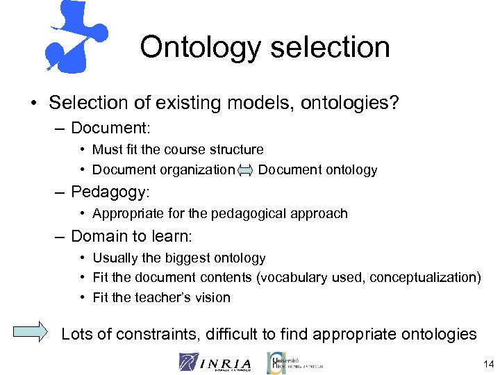 Ontology selection • Selection of existing models, ontologies? – Document: • Must fit the
