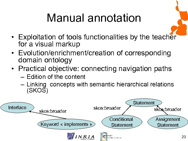 Manual annotation • Exploitation of tools functionalities by the teacher for a visual markup