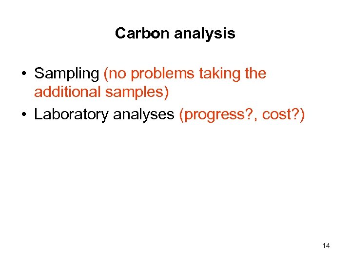 Carbon analysis • Sampling (no problems taking the additional samples) • Laboratory analyses (progress?