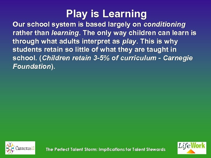 Play is Learning Our school system is based largely on conditioning rather than learning.