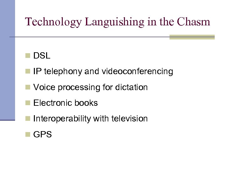 Technology Languishing in the Chasm n DSL n IP telephony and videoconferencing n Voice