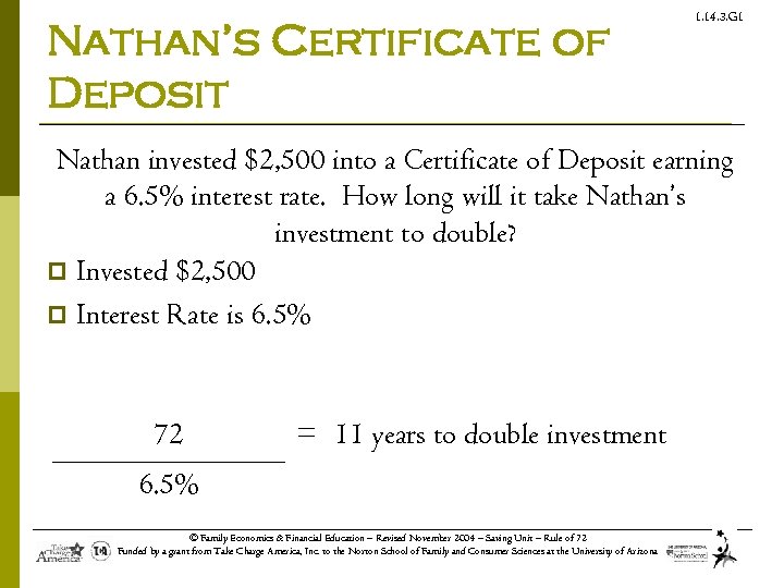 Nathan’s Certificate of Deposit 1. 14. 3. G 1 Nathan invested $2, 500 into