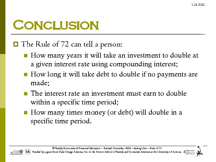 1. 14. 3. G 1 Conclusion p The Rule of 72 can tell a