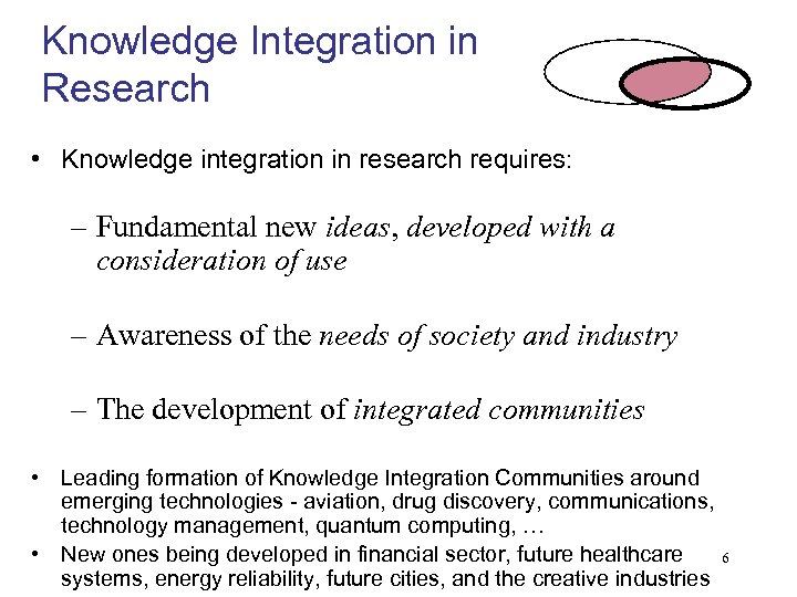 Knowledge Integration in Research • Knowledge integration in research requires: – Fundamental new ideas,