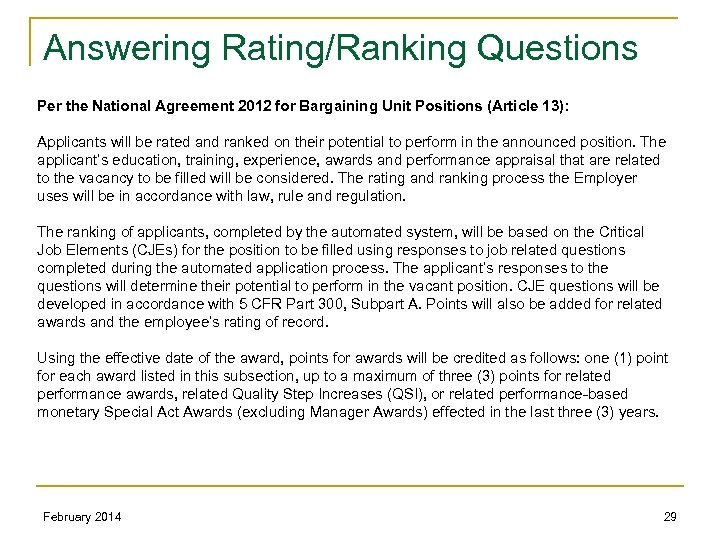Answering Rating/Ranking Questions Per the National Agreement 2012 for Bargaining Unit Positions (Article 13):