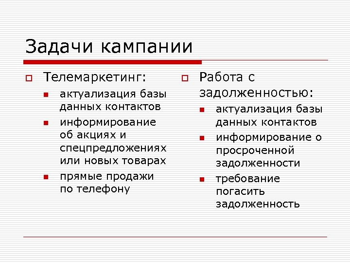 Задачи кампании o Телемаркетинг: n n n актуализация базы данных контактов информирование об акциях