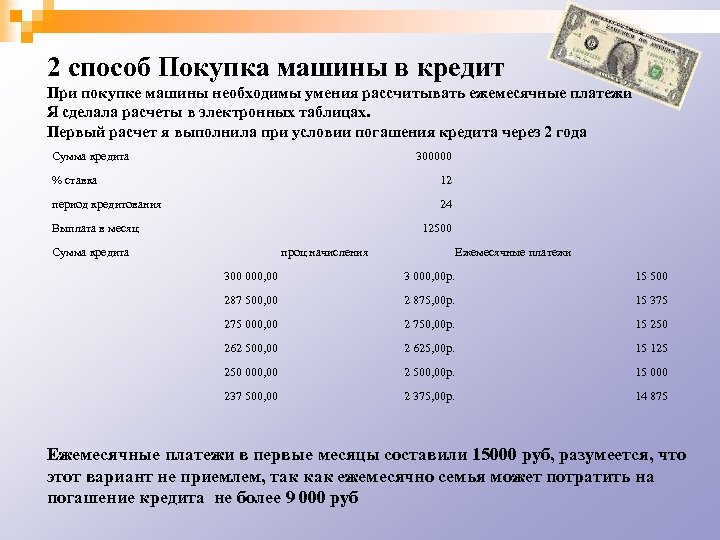 2 способ Покупка машины в кредит При покупке машины необходимы умения рассчитывать ежемесячные платежи