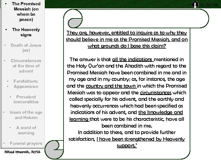  • The Promised Messiah (on whom be peace) • The Heavenly signs •