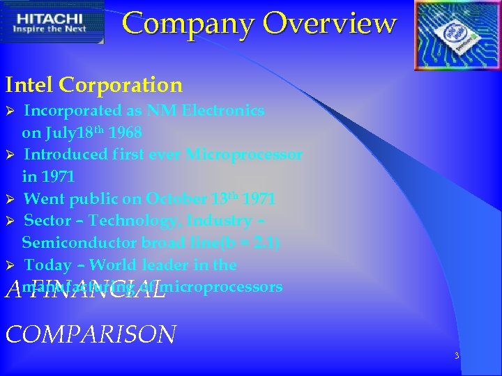 Company Overview Intel Corporation Incorporated as NM Electronics on July 18 th 1968 Ø