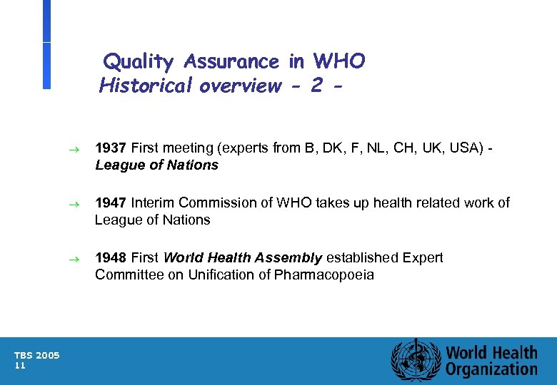 Quality Assurance in WHO Historical overview - 2 ® ® 1947 Interim Commission of