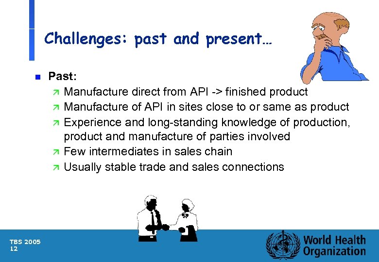 Challenges: past and present… n TBS 2005 12 Past: ä Manufacture direct from API
