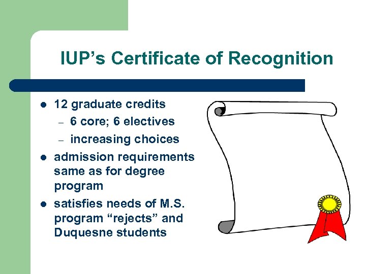 IUP’s Certificate of Recognition l l l 12 graduate credits – 6 core; 6