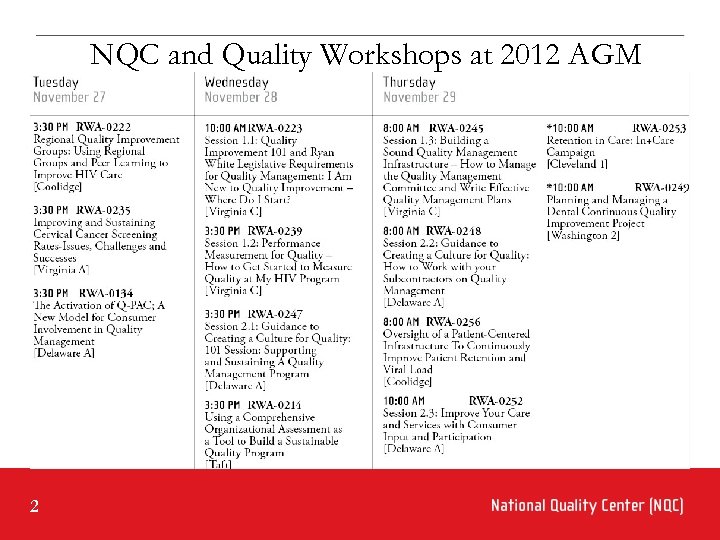 NQC and Quality Workshops at 2012 AGM 2 