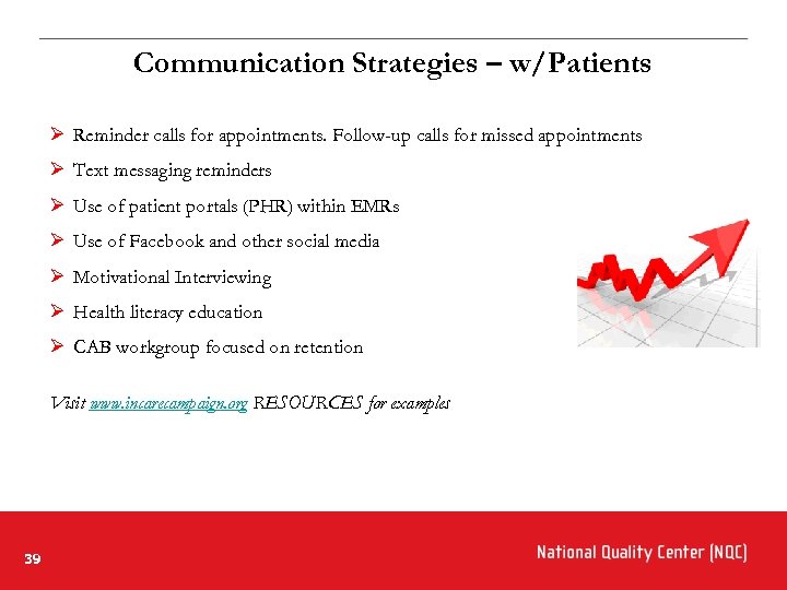 Communication Strategies – w/Patients Ø Reminder calls for appointments. Follow-up calls for missed appointments