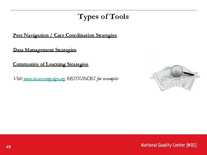 Types of Tools Peer Navigation / Care Coordination Strategies Data Management Strategies Community of