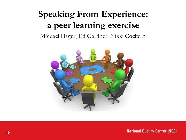 Speaking From Experience: a peer learning exercise Michael Hager, Ed Gardner, Nikki Cockern 49