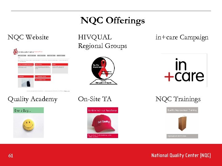 NQC Offerings NQC Website HIVQUAL Regional Groups in+care Campaign Quality Academy On-Site TA NQC