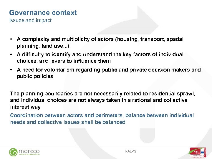 Governance context Issues and impact • A complexity and multiplicity of actors (housing, transport,